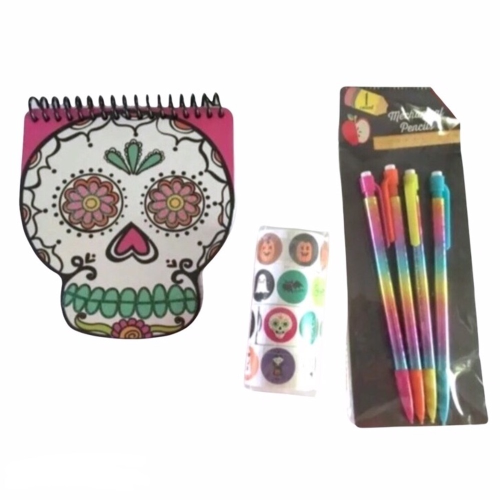 Halloween Skull Stationery Set Spiral Notepad Stickers Pencils Rainbow Glitter